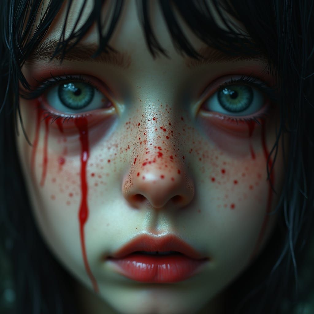 Girl with Hypnotic Eyes Crying Blood: Photorealistic Close-U...