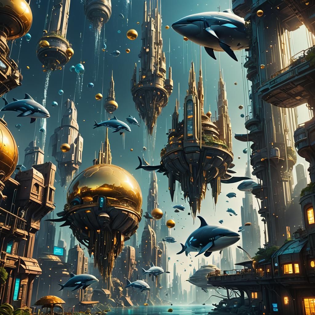Cyberpunk City Under the Sea with Robotic Dolphins