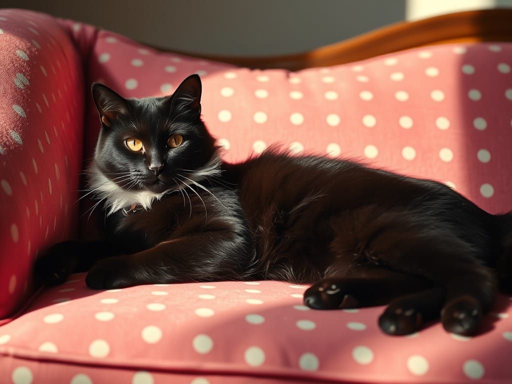 Black Cat on Polka-Dot Couch in Hyper-Realistic Style