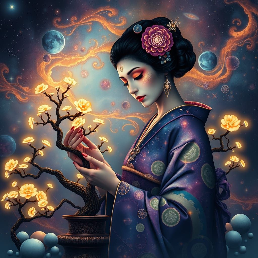Cosmic Geisha in Bioluminescent Nebula Garden