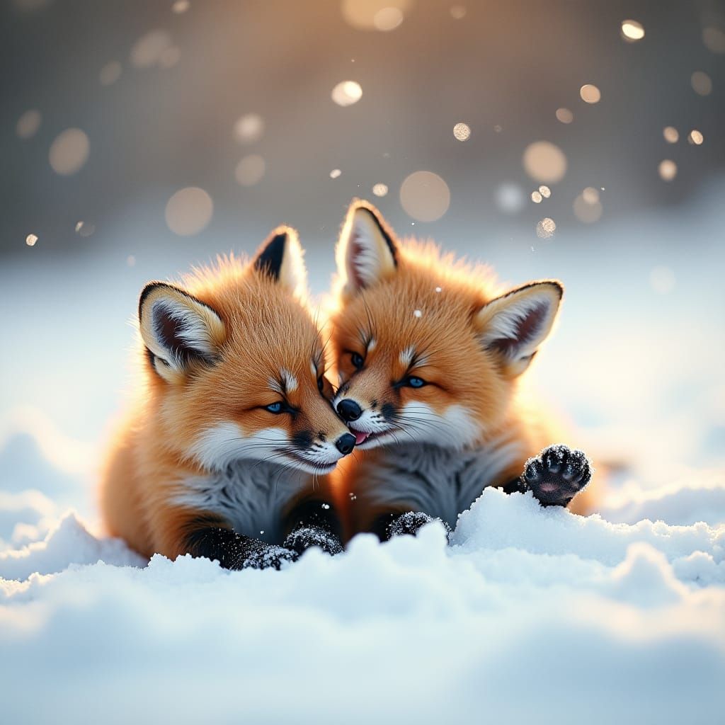 Fox Cubs Frolic in Winter Snow