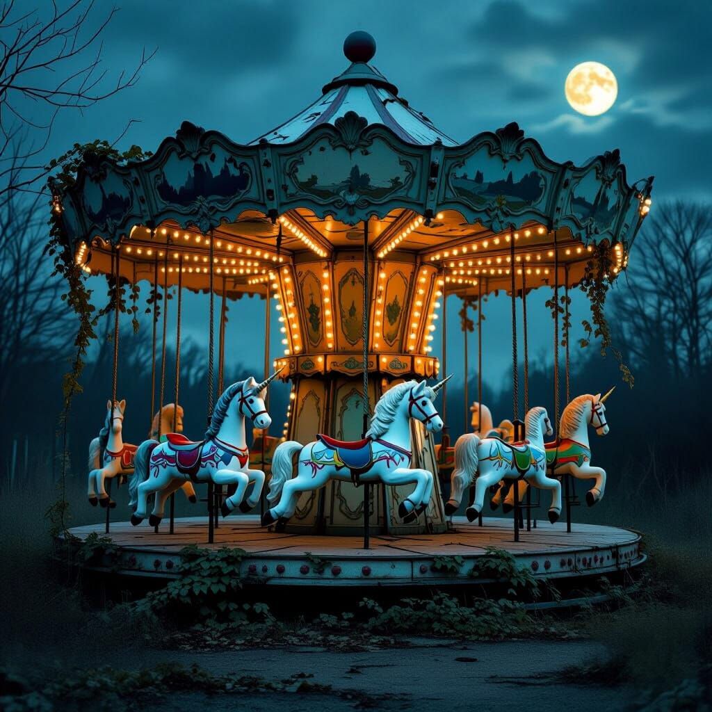 Abandoned Carousel in Moonlit Fairground