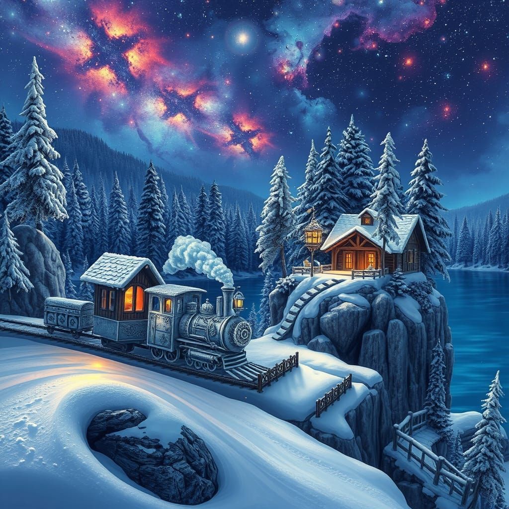 Whimsical Snow Train Nestles Beside Cozy Cottage Under Starr...