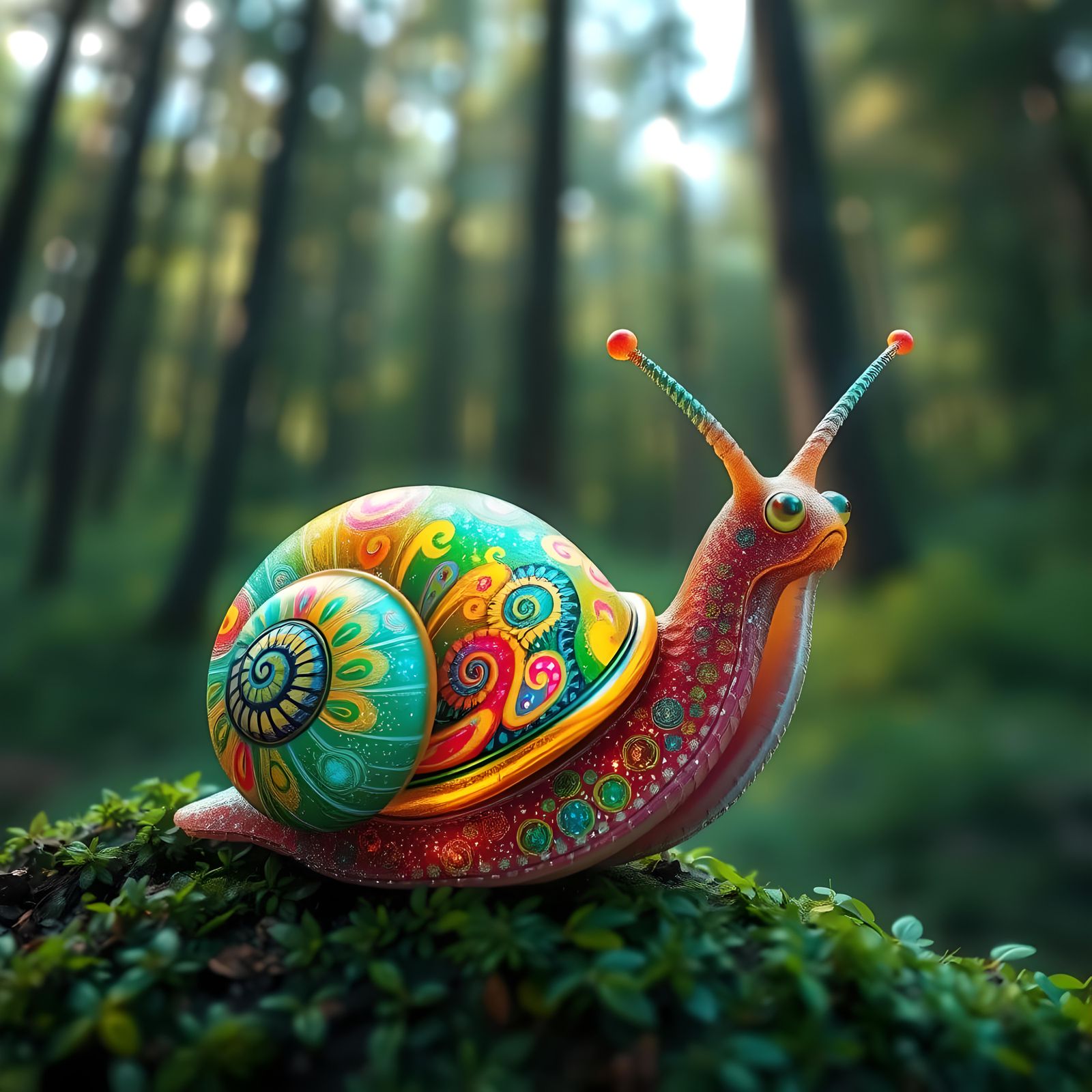Illuminated Snail in Lush Forest, Graffiti Art