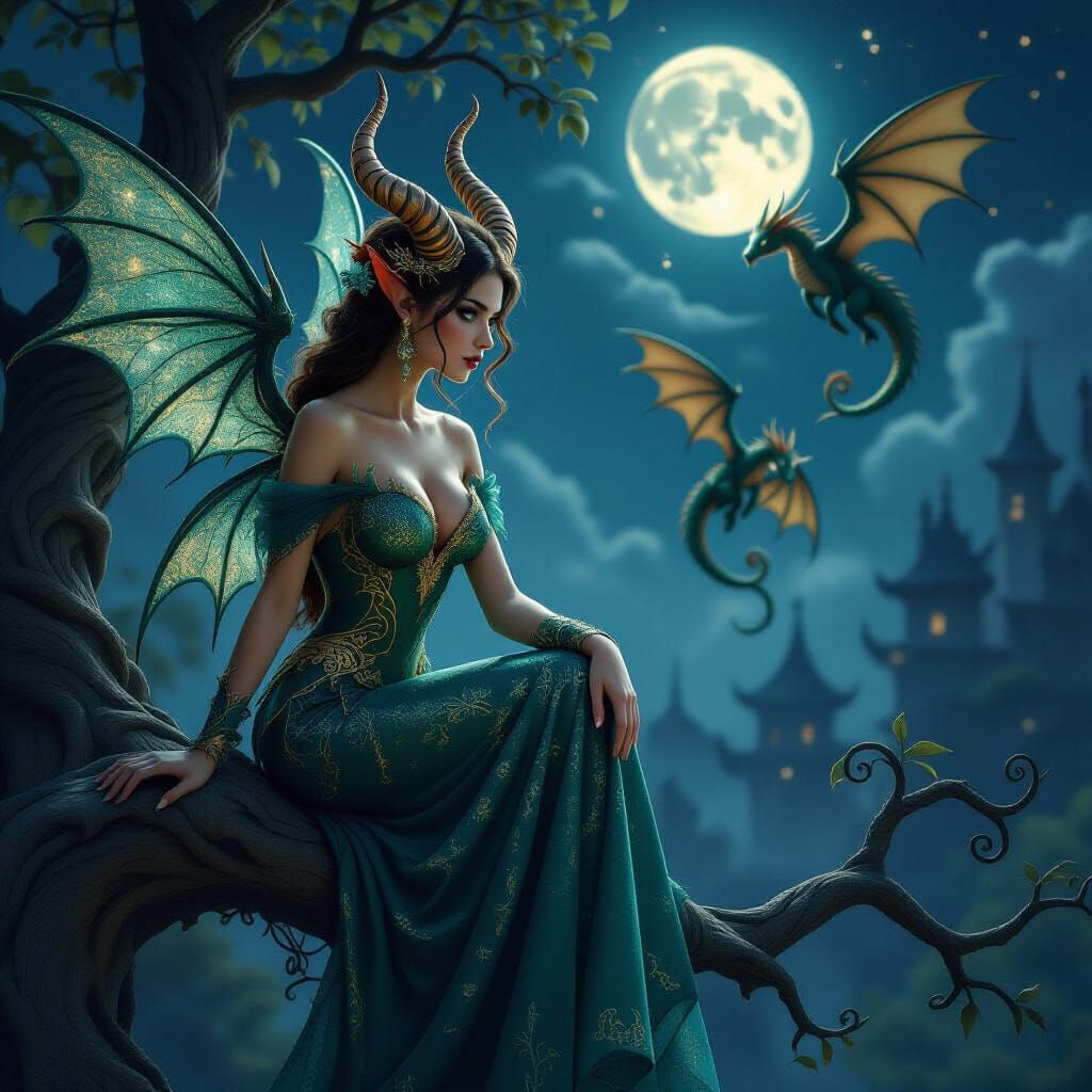 Dragon Hybrid on Mystical Tree Branch as Digital Oil Paintin...