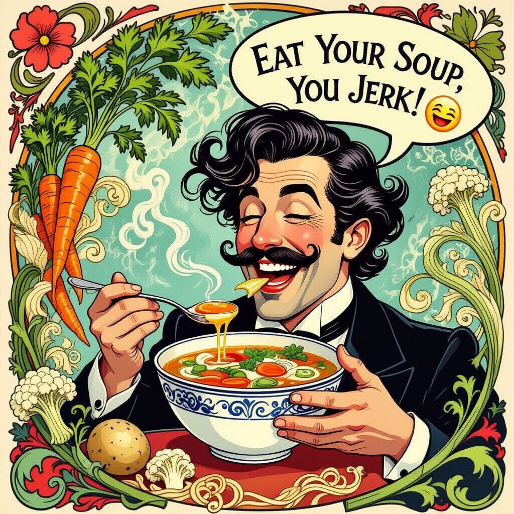 Art Nouveau Man Eats Soup with Humorous Speech Bubble