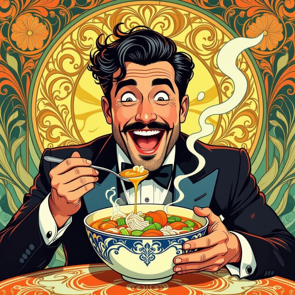 Art Nouveau Man Joyfully Eats Soup in Vibrant Digital Painti...