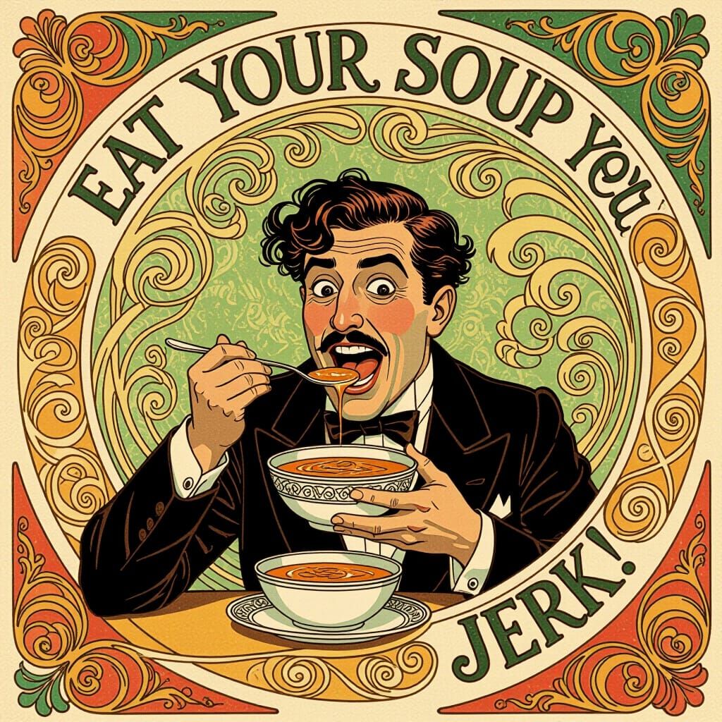 Art Nouveau Man Comically Eating Soup