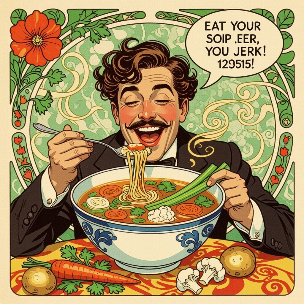 Art Nouveau Man Enjoys Whimsical Soup