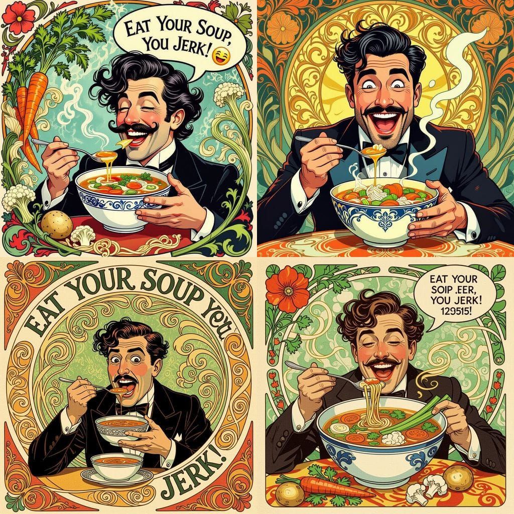 Art Nouveau Man Eating Soup in Dadaist Style