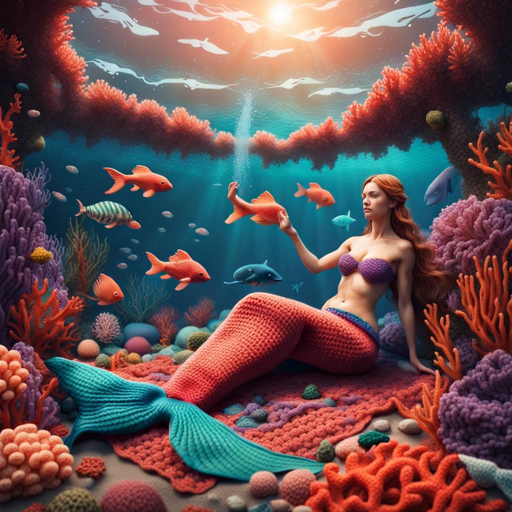 Mermaid Crocheting Seaweed Blanket in Colorful Crochet World