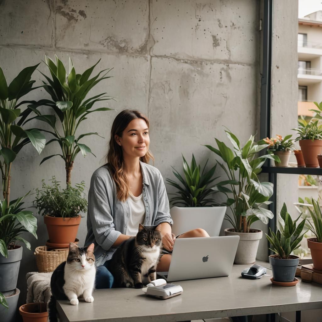 Cozy Home Office with Laptop, Plants, and Cat