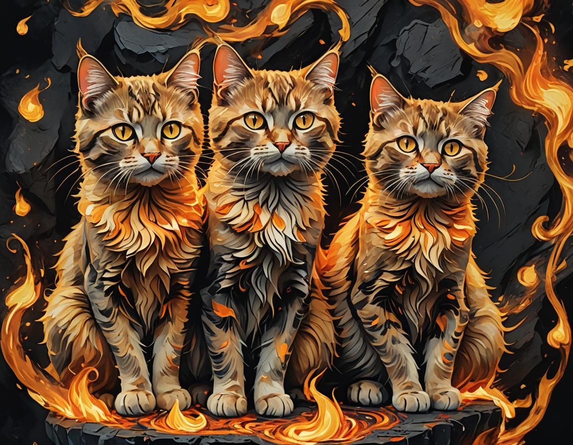 Fiery Feline Trio in Van Gogh-Inspired Digital Art