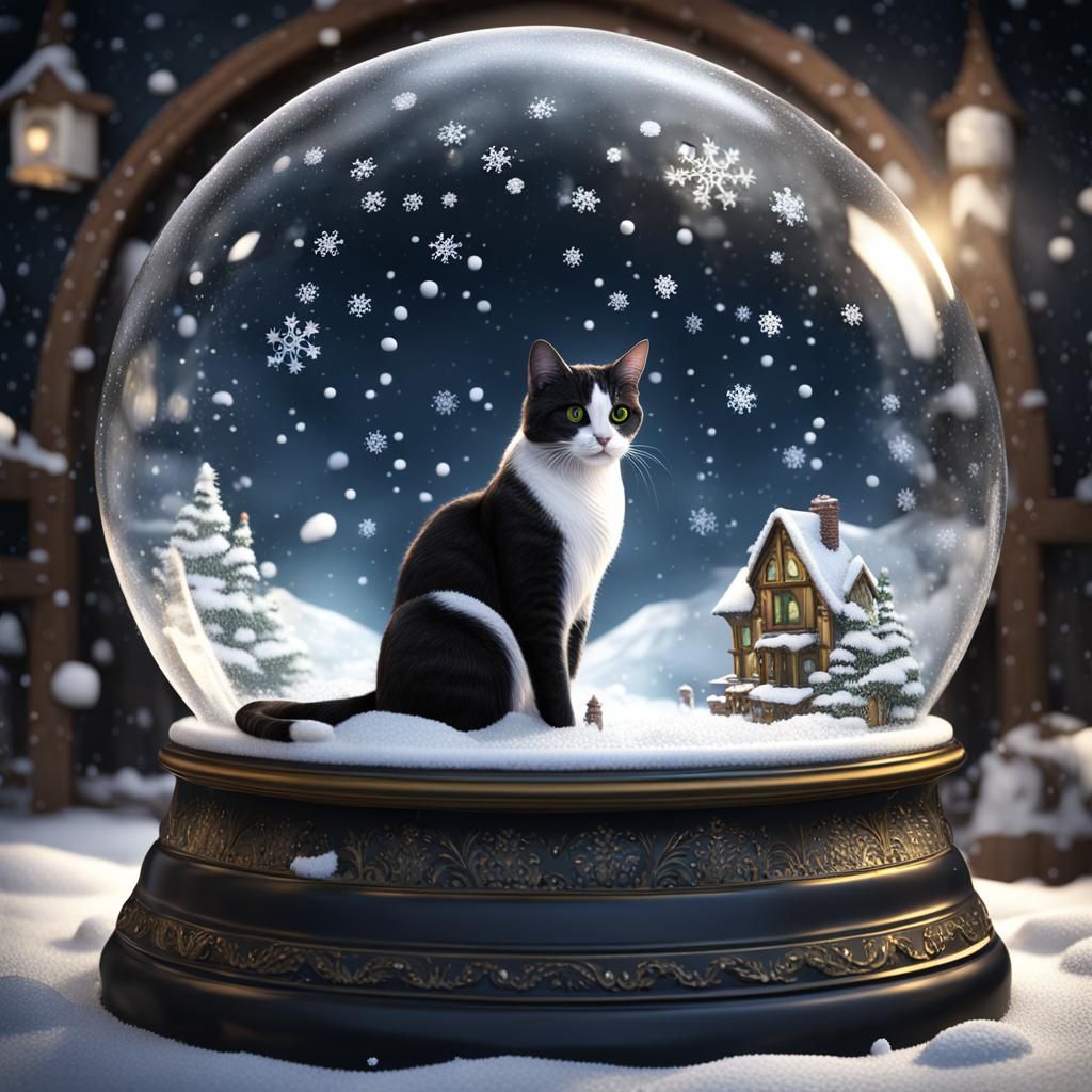 Cat in Snow Globe: Detailed Fantasy Art