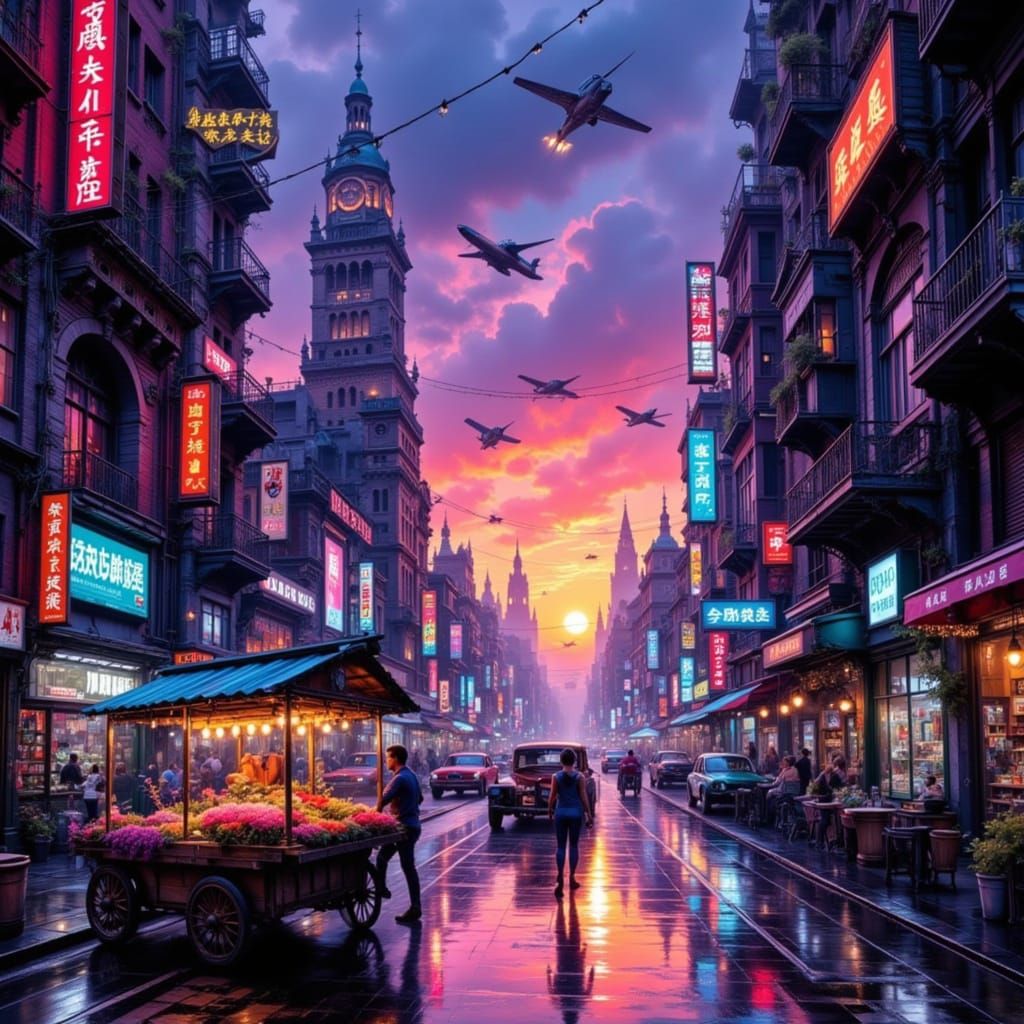 Retro-Futuristic City Twilight with Bioluminescent Flowers