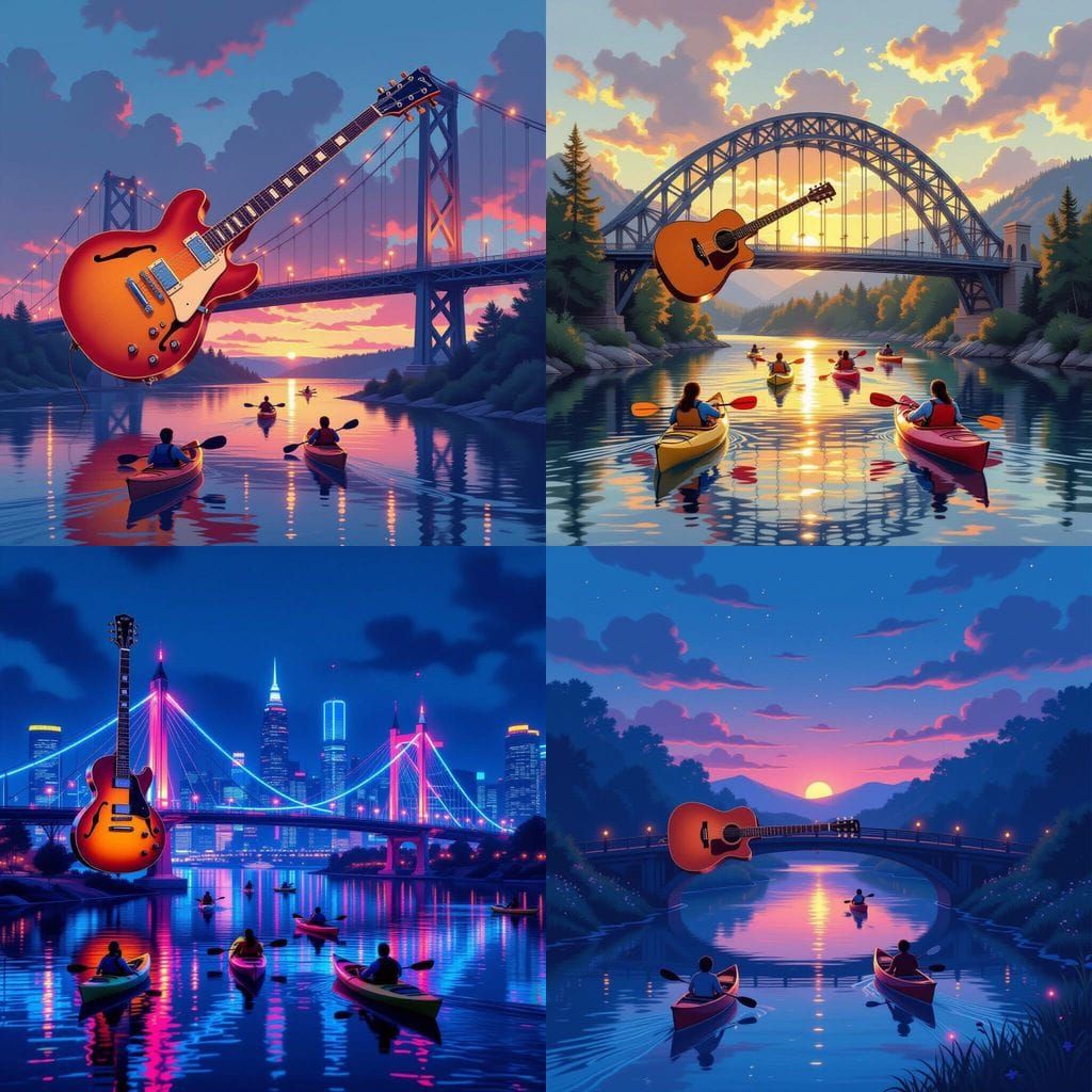 Electric Guitar Bridge Over River with Kayakers