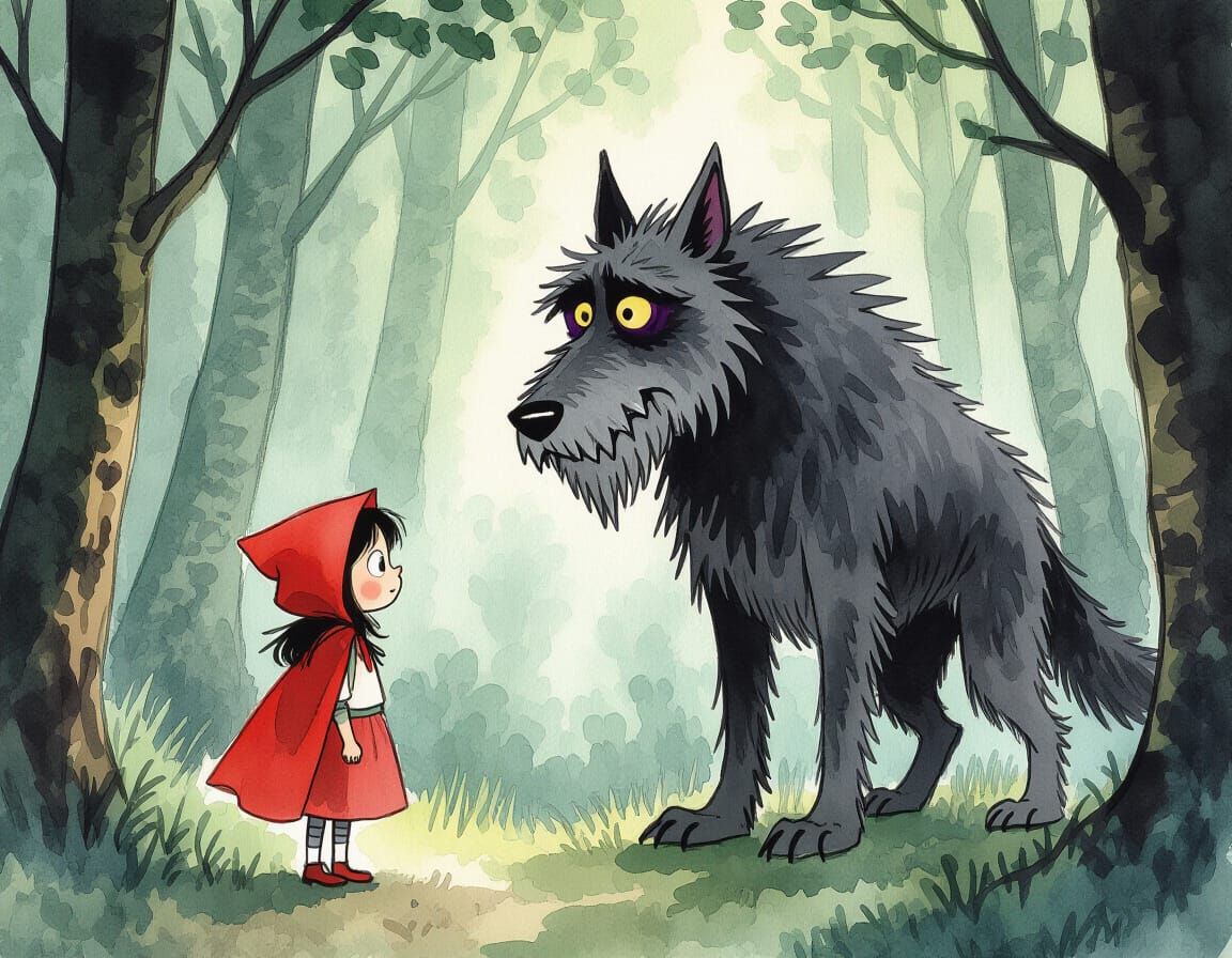 Little Red Riding Hood and Hellhound in Watercolor