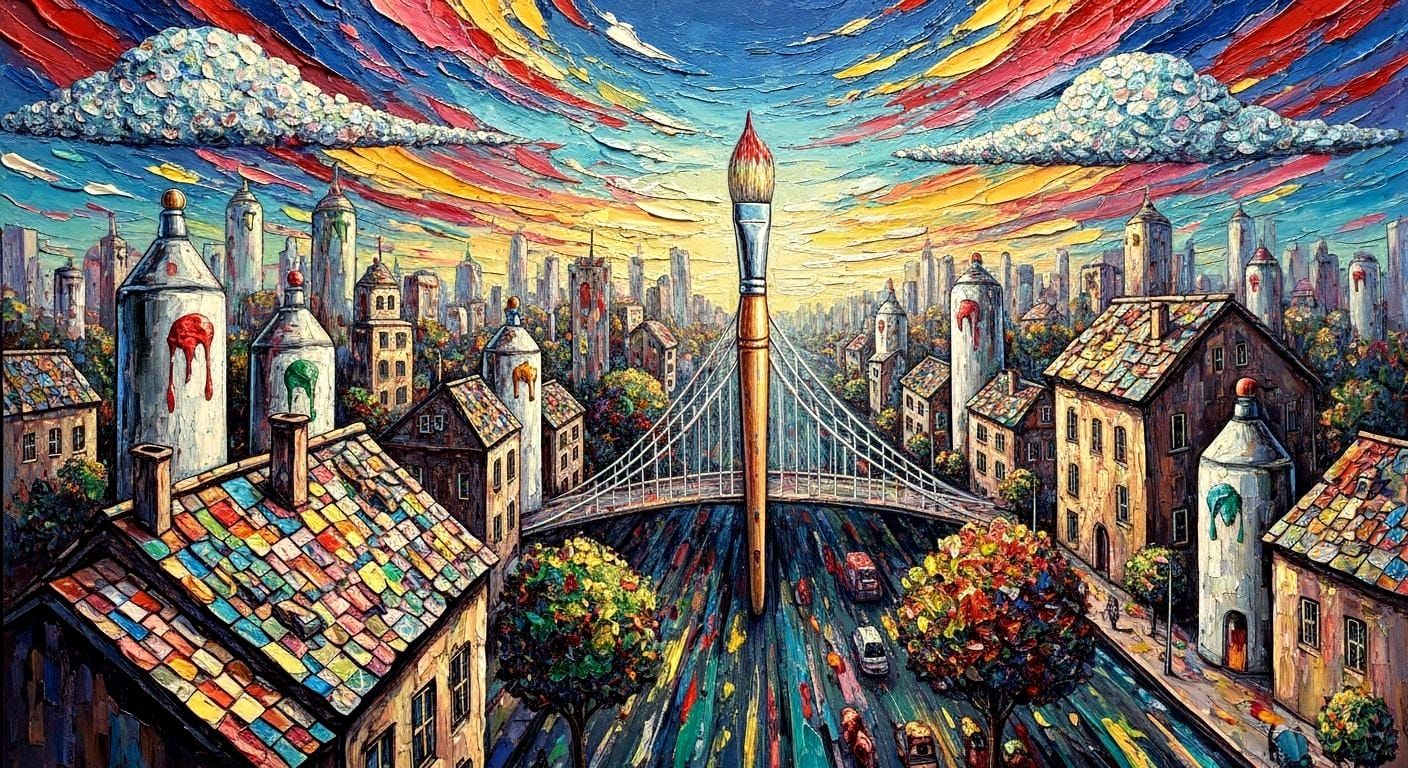 Surreal Cityscape of Giant Brushes in Oil Painting