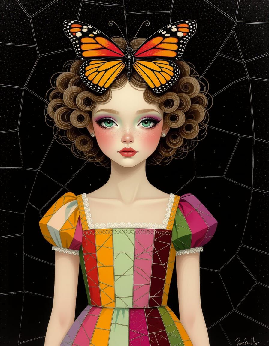 Surreal Girl with Butterfly Hat in Patchwork Style