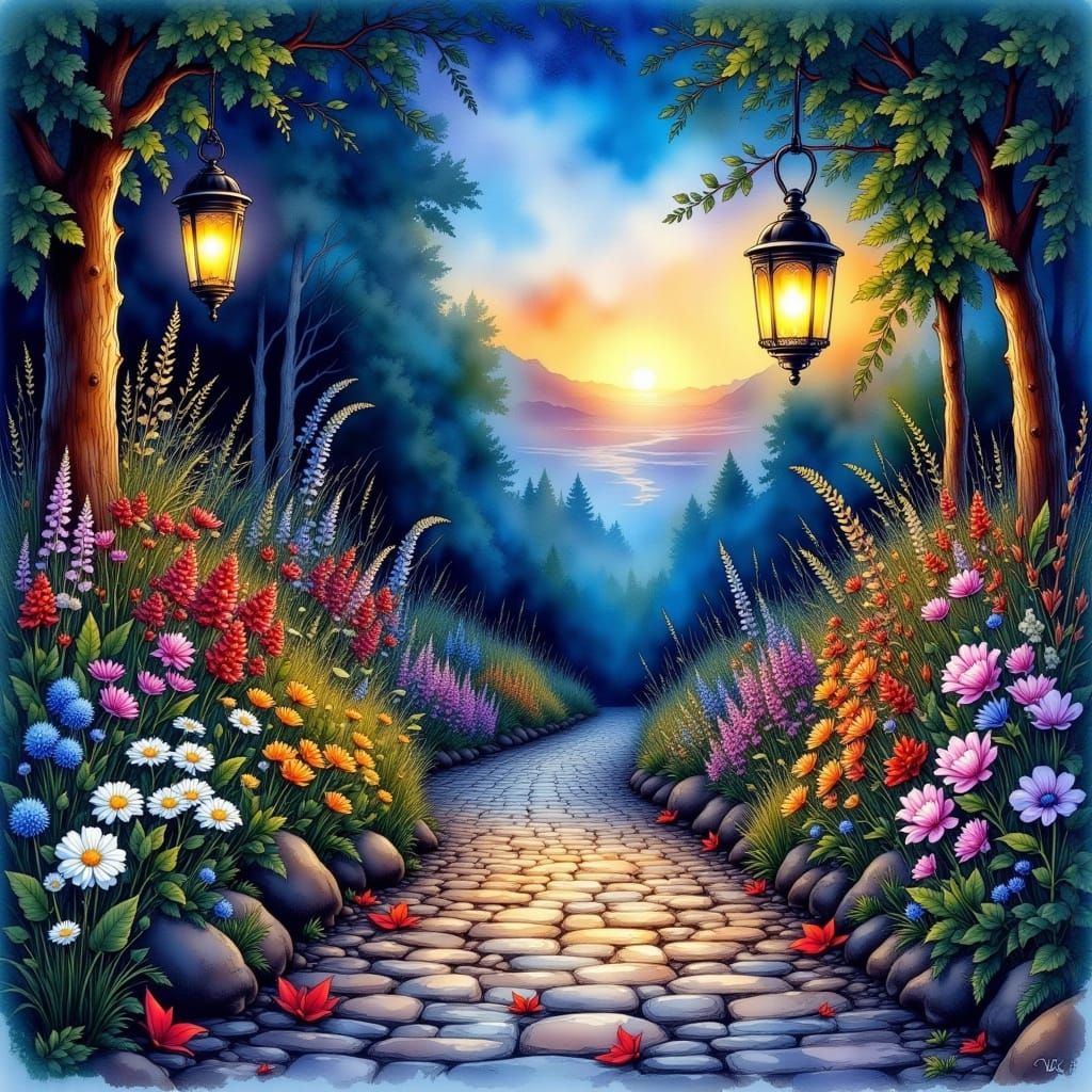 Antique Lantern Glows on Cobblestone Path with Wildflowers