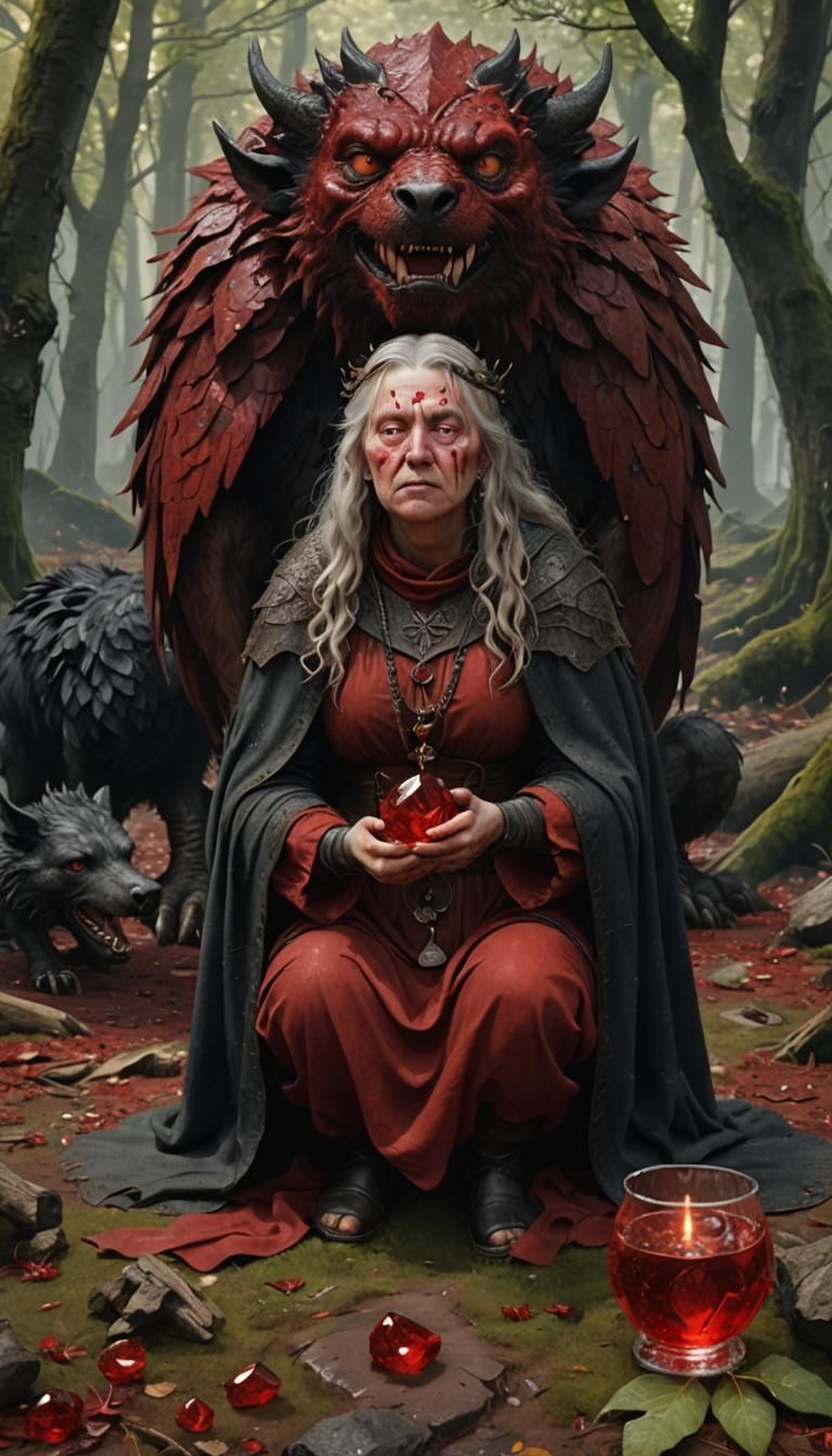 Goddess Begging Griffon in Red Crystal Forest