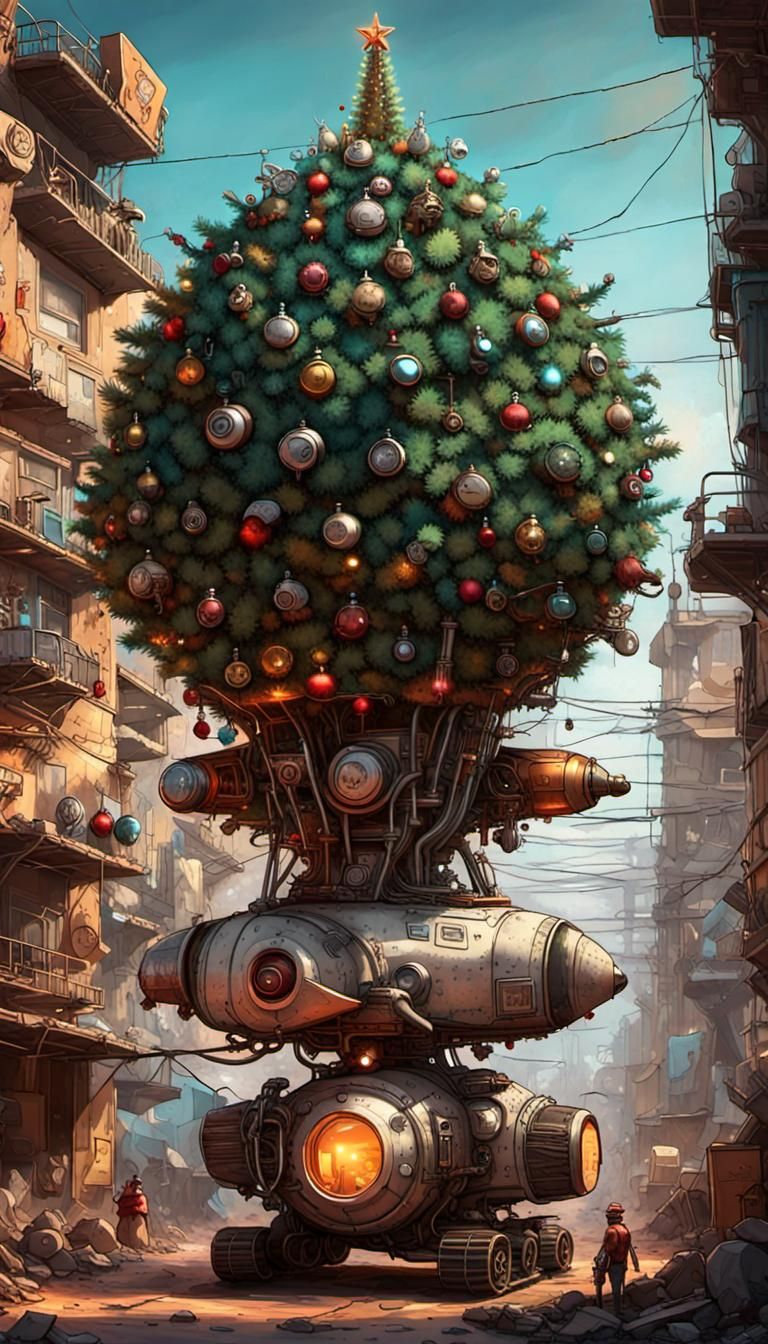 Martian Favela Christmas Tree in Cyberpunk Style