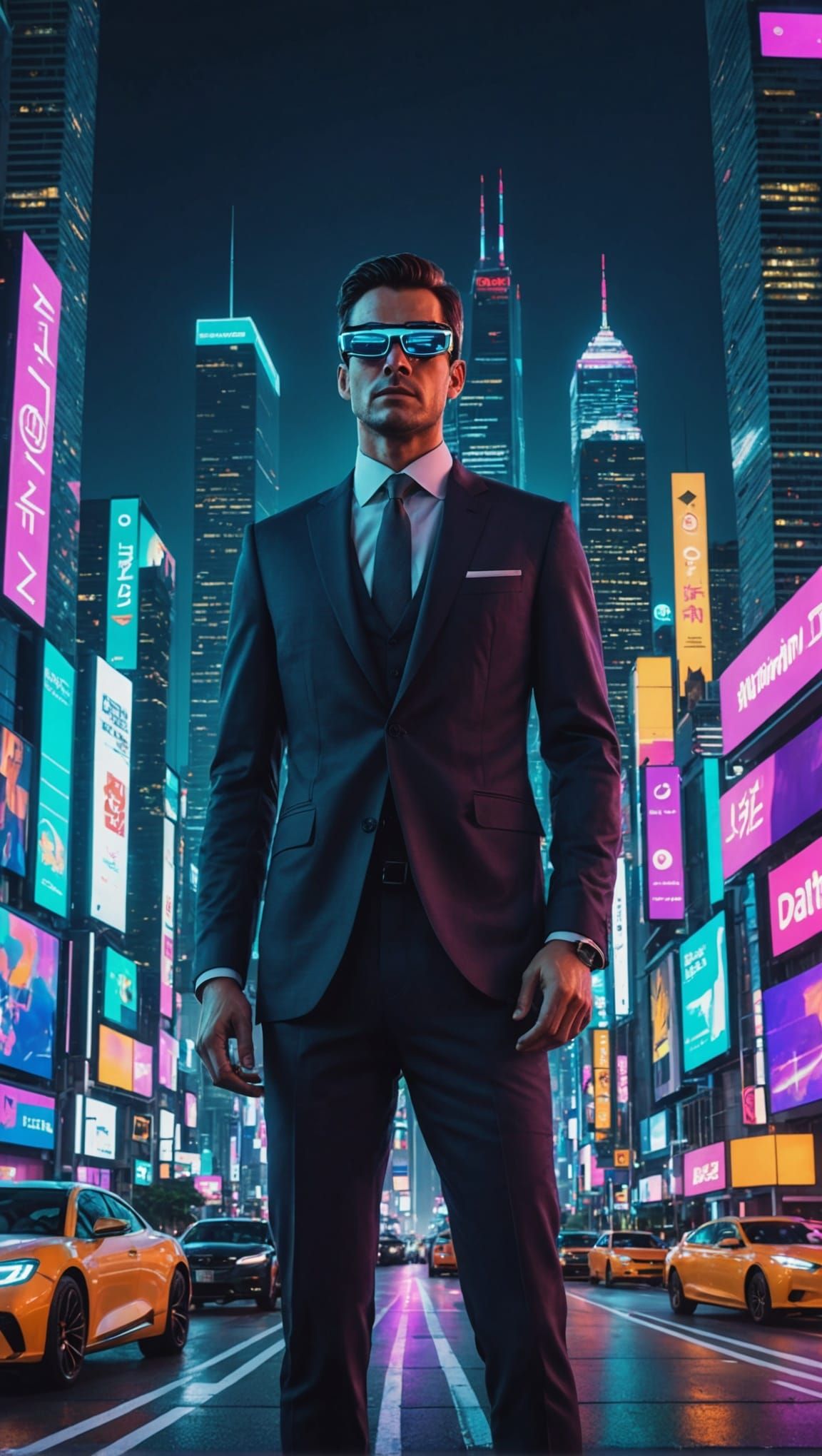 Futuristic Cityscape with Neon Lights and Flying Vehicles