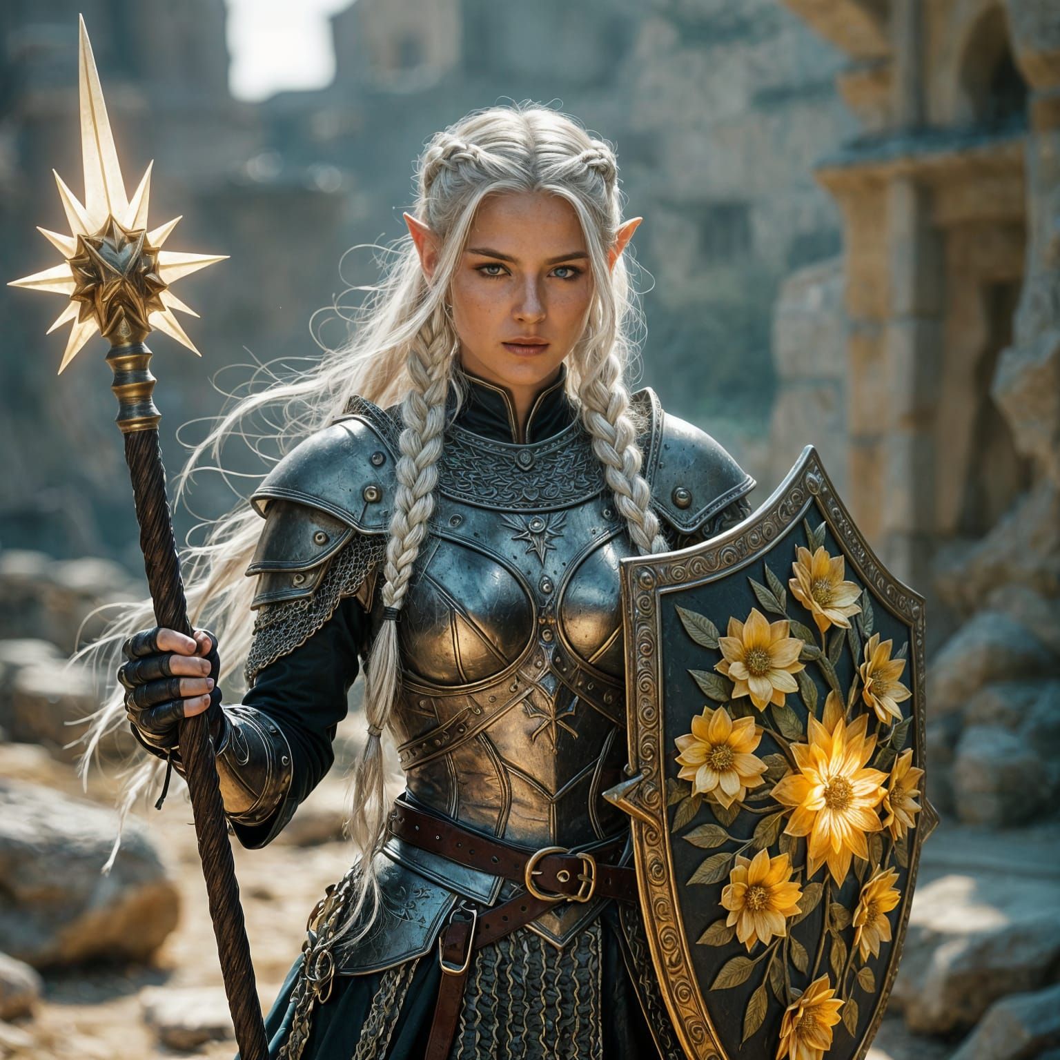 Ethereal Elf Warrior in Ancient City Ruins