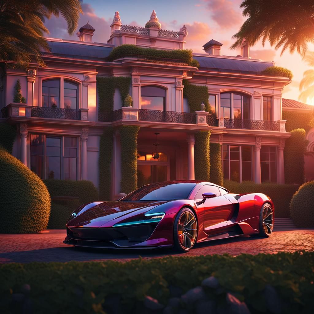 Supercar Parked at Mansion: Hyperrealistic Concept Art
