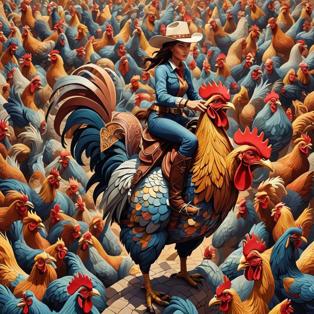 Cowgirl Rides Rooster in 3D Digital Art Style