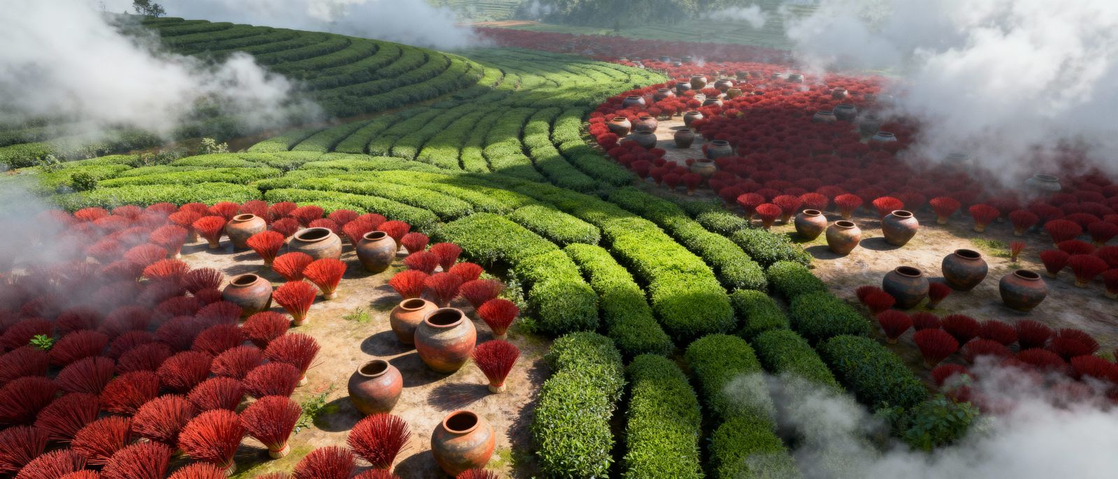 Vivid Vietnam Landscape: Red Incense Fields and Green Tea Pl...