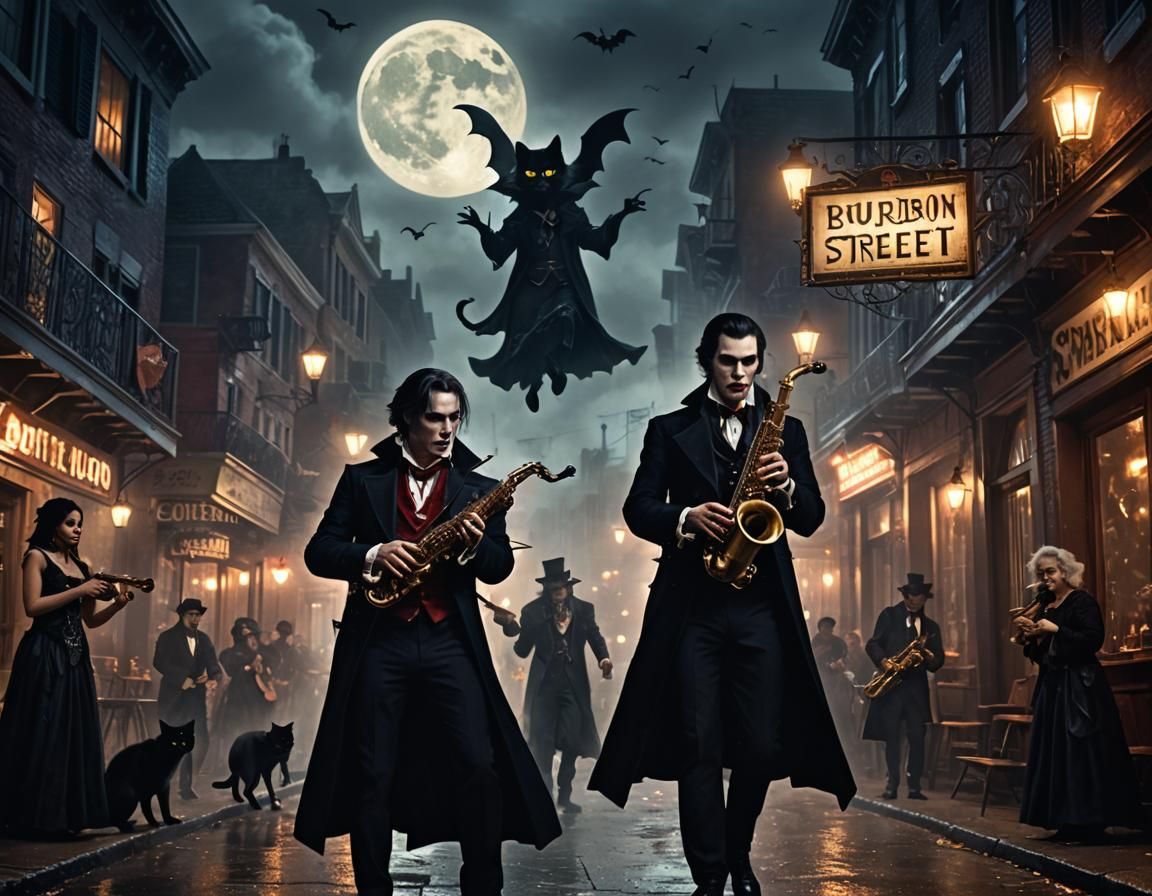 Vampire Saxophonist in New Orleans, Dark Fantasy Illustratio...