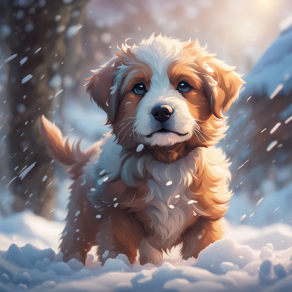 Adorable Puppy Plays in Snow: Hyperdetailed Portrait