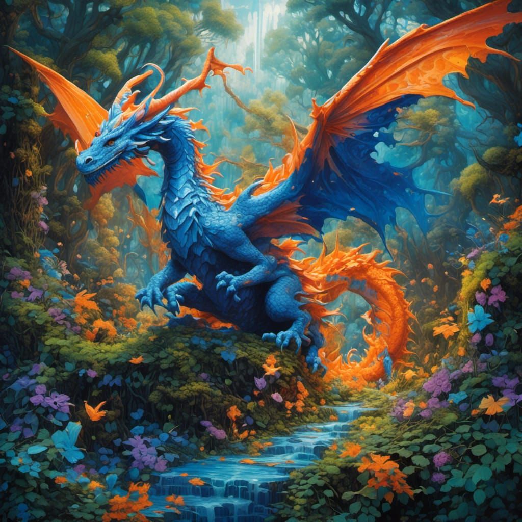 Fairy and Dragon in Enchanted Forest, Graffiti Art