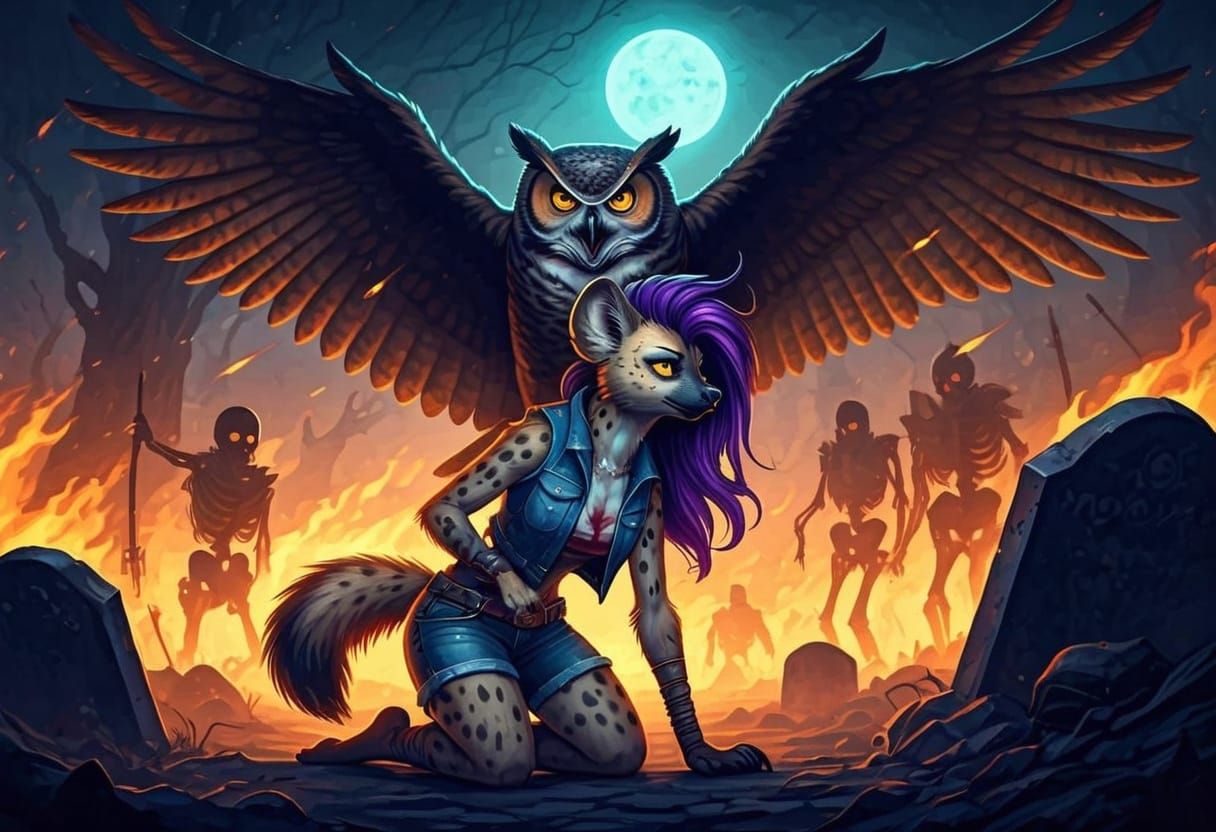 Owl Shields Hyena from Flaming Arrows, Garmash Watercolor