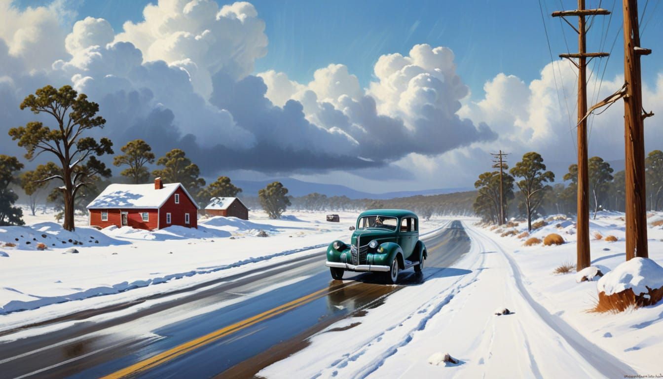 Snowy 1940s Outback Road Trip in Edward Hopper Style