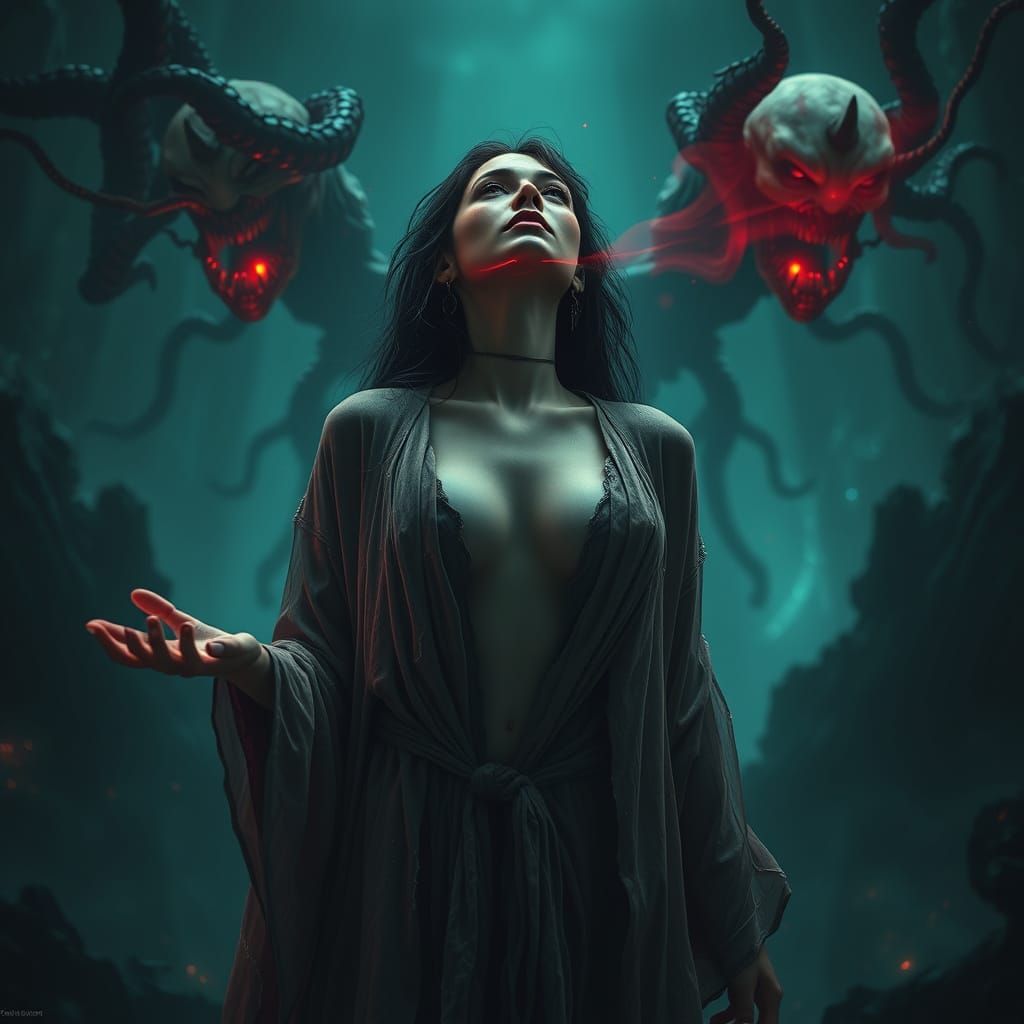 Ethereal Woman Summons Dark Entities: Biomechanical Art