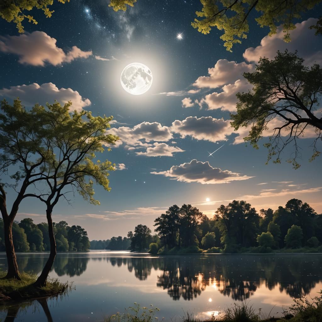 Night Sky with Moon, Stars, and Lake