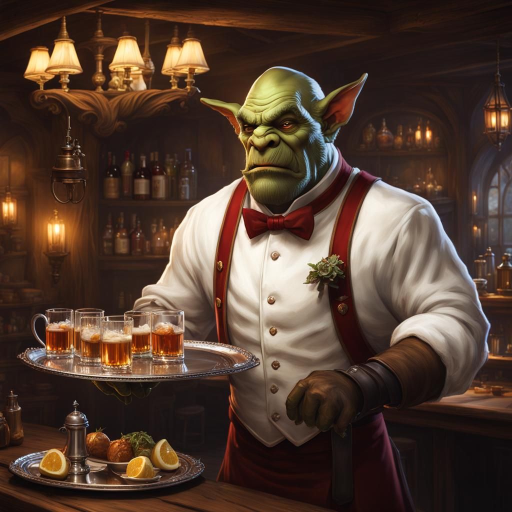 Dapper Orc Waiter Serving Drinks with Flair