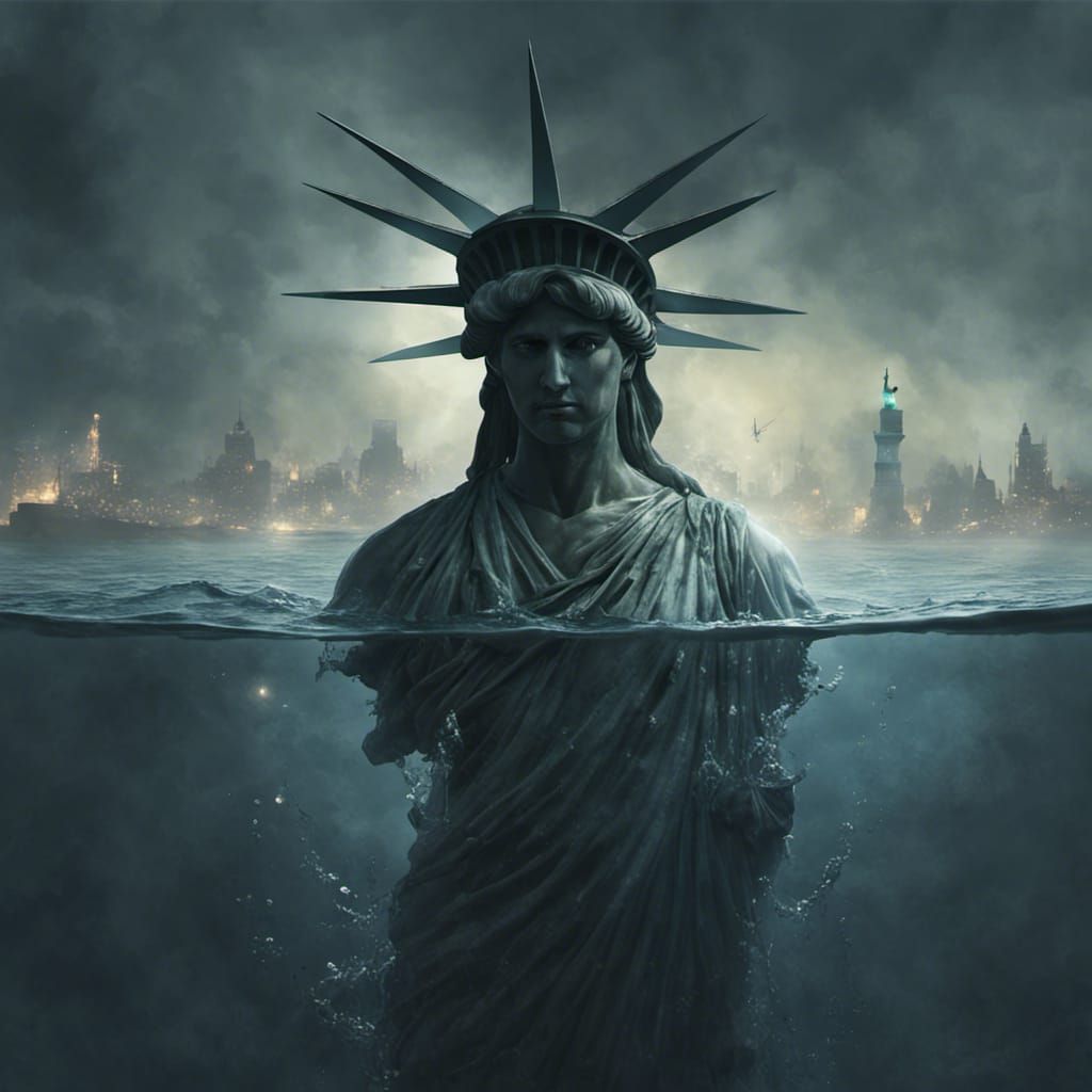 Submerged Statue of Liberty in Dark Ocean
