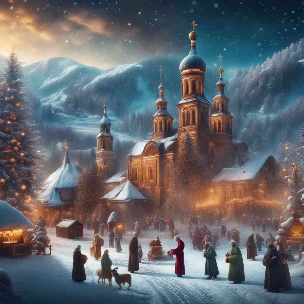 Romanian Orthodox Christmas Landscape: Detailed Matte Painti...