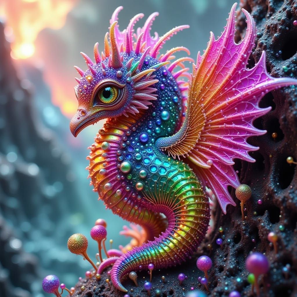 Opalescent Rainbow Seahorse with Giant Claws and Fangs