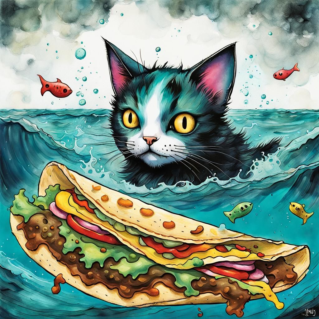 Surreal Cat-Taco Hybrid in Alcohol Ink Style