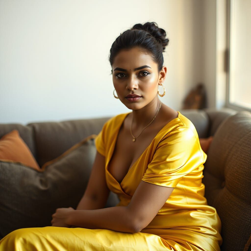 Beautiful Indian Woman in Yellow Attire Poses on Sofa