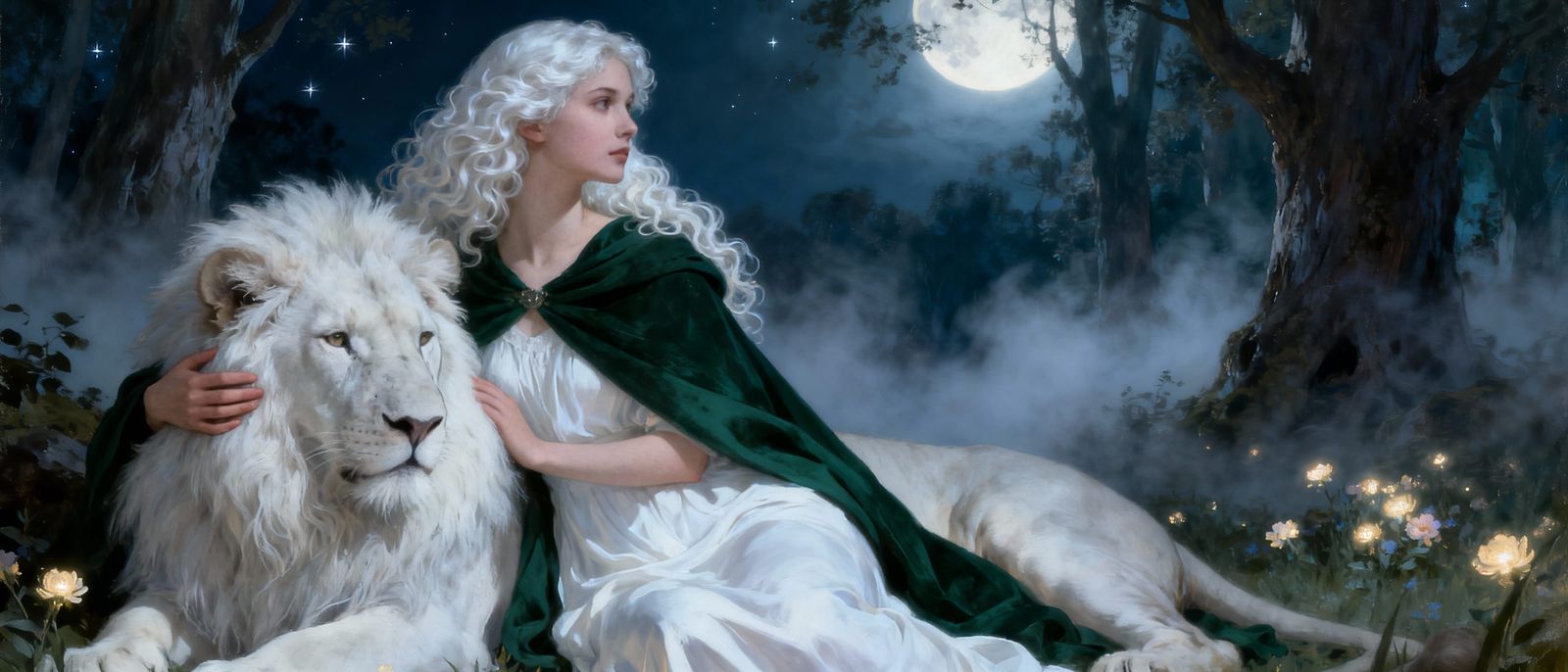 Woman in White Dress with White Lion in Moonlit Forest