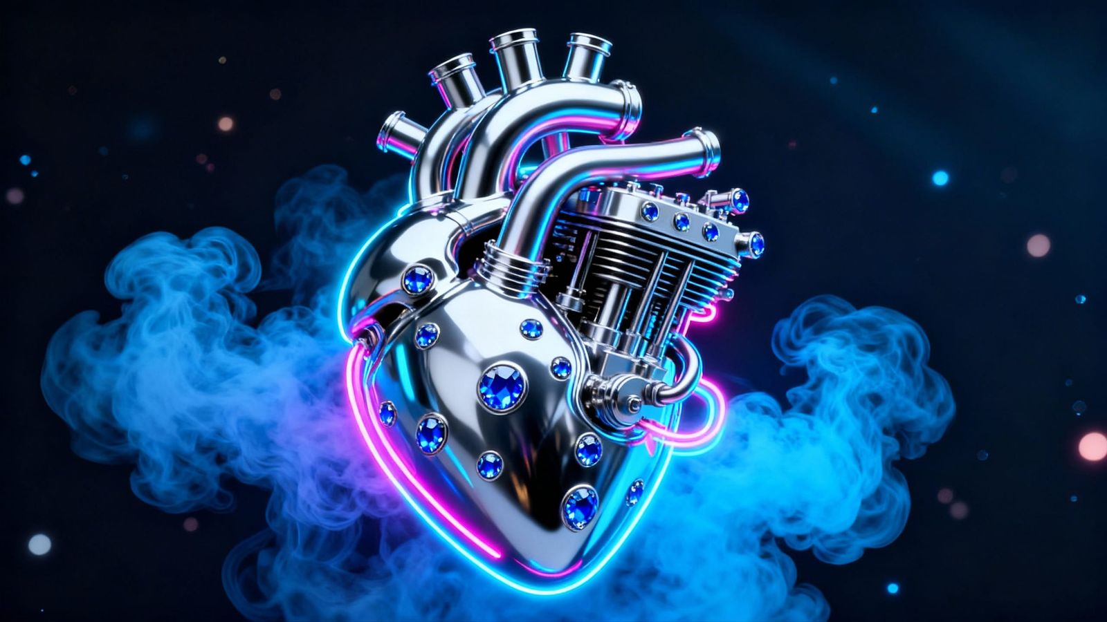 Chrome Engine Heart Beating with Neon Lights
