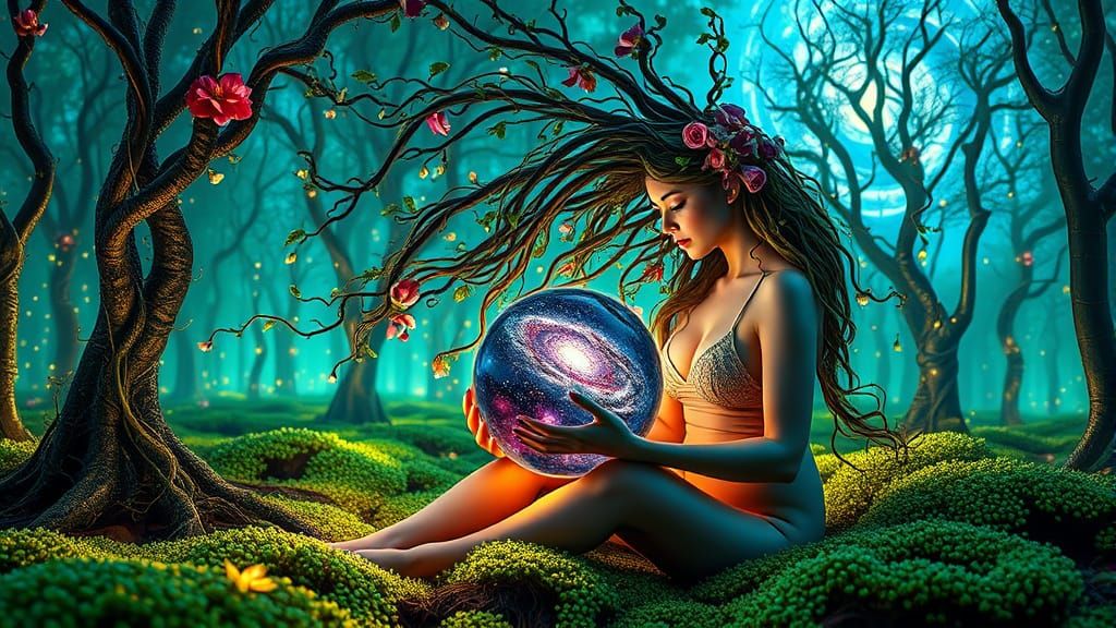 Woman with Galaxy in Glass Forest, in Bio-Art Style