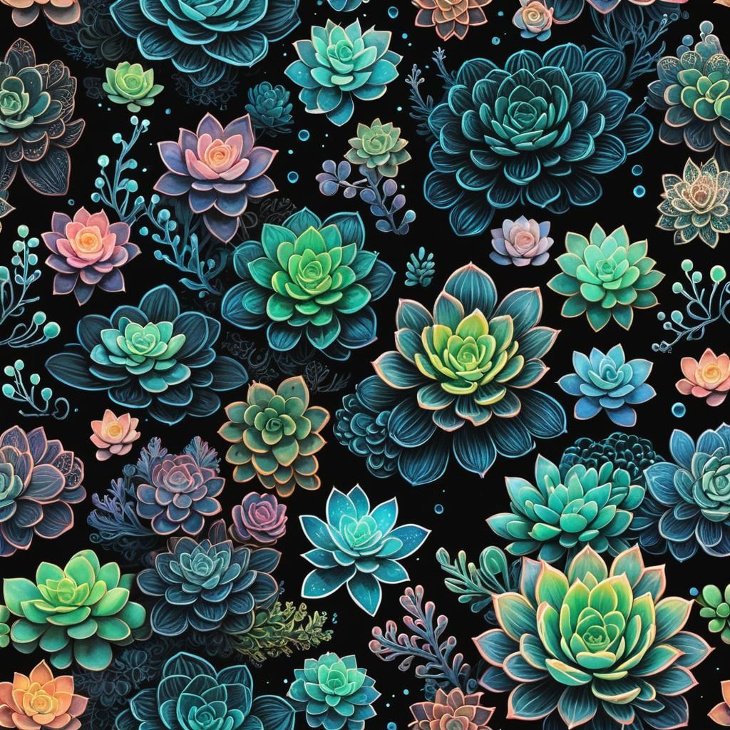 Bioluminescent Succulents with Zentangle Clouds