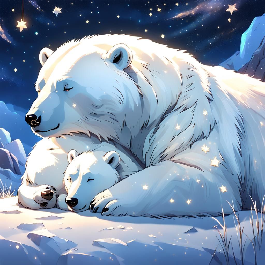 Polar Bear Sleeping Under Starry Night Sky