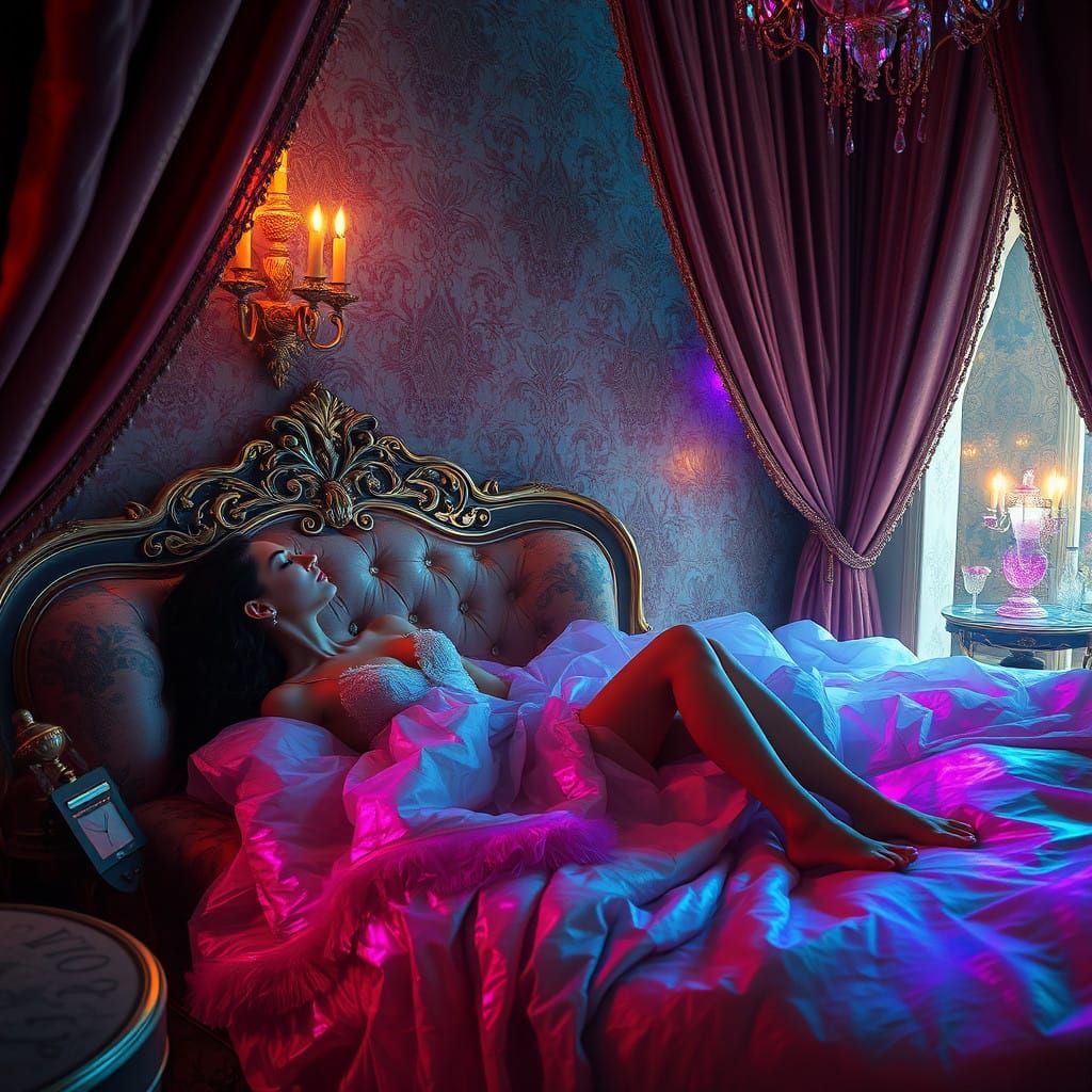Elegant Fantasycore Woman in Lavish Bed Chambers